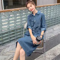 1072607刺繍デニムドレス女性の長袖の新しい韓国風スカートミドル丈ウエストと薄い