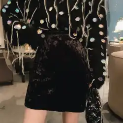 Mrs. QianCHINSTUDIOブラックハイウエストスカートフェミニンな感じの丁寧なマシンベルベットパッケージヒップスカートAラインショートスカート