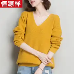 Hengyuanxiang春と秋の新しいニットボトミングシャツVネック人気のセーター女性のトップルーズ怠惰な薄いセーター