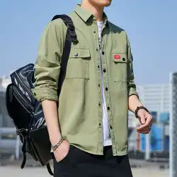 トレンドデニムワークウェアのコットンシャツメンズ韓国版長袖ルーズジャケットカジュアルシャツ半袖七分袖ハンサム