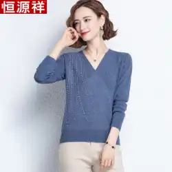 Hengyuanxiangの新しいカシミヤセータートップVネックファッションラージサイズウエスタンスタイルボトミングTシャツ女性の薄い長袖Tシャツ