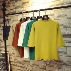 秋の新しい韓国のルーズロールエッジ5ポイントスリーブセミハイカラーニットセーター女性のプルオーバーミッドスリーブ薄いセーターボトミングシャツ