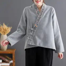 2021年秋のナショナルスタイルの刺繍ウールショートコート女性の文学的なレトロなお茶の服トップ中国の漢服小さなカーディガン