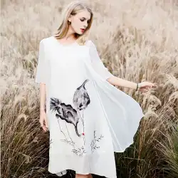 2021年夏の新しいレトロな婦人服中国風重工業刺繍大サイズルーズ気質ミドル丈シルクドレス