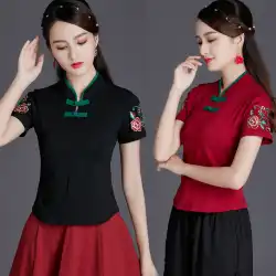 エスニックスタイルの女性のトップ夏半袖Tシャツレトロ刺繡プレートボタン中国風スタンドアップカラー刺繍ボトミングシャツ女性