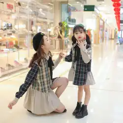 韓国の母娘親子ドレス2021年春と秋にチェック柄のドレスの女の子の中くらいの長さの綿のシャツドレスの新しい韓国版
