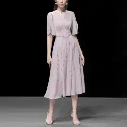 2021年サマードレスニューファッションレトロVネック花びらスリーブプリントシフォンドレスパレススタイルスイングアンブレラスカート