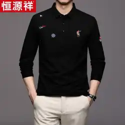 Hengyuanxiangの新しい春と秋のメンズタイドブランド長袖Tシャツラペルポロシャツ無地マーセル加工綿の刺繡