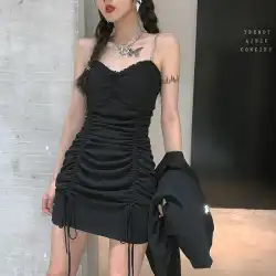 ダークブラックチューブトップサスペンダードレス女性タイトバッグヒップスカート巾着プリーツセクシーブラックサマーホットガールスカート