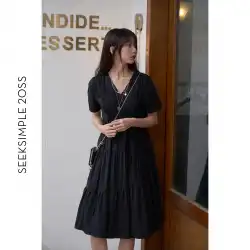 SEEKSIMPLEヘップバーンスタイルのドレス女性の夏の細いウエストスカートVネックフレンチベルフラワーニッチ小さな黒いドレス