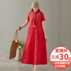 Yidu Gege2019秋の新しい女性の文学的な刺繡スタンドアップカラージャカードボトミング薄い綿とリネンのロングドレス