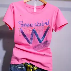ピンクの半袖Tシャツ婦人服2021年初春新夏服重工業ウエスタンスタイルワイルドインボディTシャツトップヨーロッパトレンド