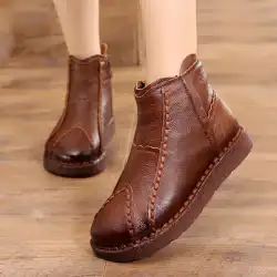 冬の母綿の靴女性の革とベルベットのショートブーツ中高年の綿の革の靴アンチスキーグラウンドブーツソフトソールの高齢者の靴