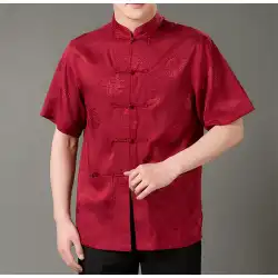 チャイニーズスタイルの夏の薄手の桑絹半袖漢服唐装中高年男性用カジュアルシルクお父さんシャツ