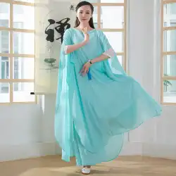 禅ダンス服女性白禅服妖精ドレスツーピースセット中華風茶服文芸ネットスリーブアップグレードロングスカート