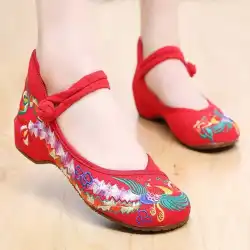 古い北京の婦人服の靴、エスニックスタイルの刺繍靴、ウェッジ、赤い結婚式の靴、正方形のダンスシューズ、半風シングルシューズ