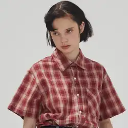 スクエアフーレストオリジナルデザイン純綿半袖シャツ赤チェック柄シャツ女性ルーズカレッジTシャツ