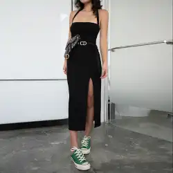 LEIYUハンギングネックスリングドレス女性黒セクシースプリットタイトニットチューブトップロングスカートヨーロッパとアメリカのヒップスカート