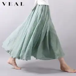 2021年夏の綿とリネンの文学的なレトロなスカート女性の夏のリネンaラインハイウエスト不規則な長めのミドル丈のスカート