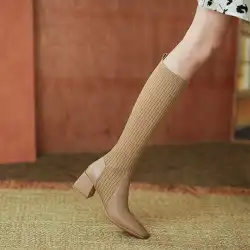 公式ウェブサイトQianbaisituソックスとブーツの女性の2021年の新しいスタイルですが、膝は薄くて伸縮性のあるニットのミッドチューブとベルベットの高さです