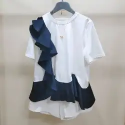 2021年アマーシュの新しい本物の婦人服2021年夏の新しい色のコントラストシンプルな重工業の蓮の葉のステッチ半袖Tシャツ
