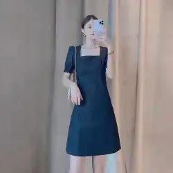 カウンター女性のあま市本格的な2021年夏の新しい黒のレトロな正方形の襟の半袖ドレス5500405