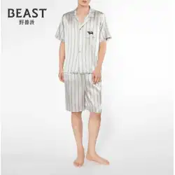 THEBEAST /ブルータリストのピーカブーホワイトストライププリントシルク半袖ショーツは、パジャマの家庭服の外で着用できます