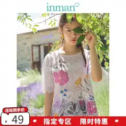 インマンサマードレス新しいラウンドネックの文芸刺繡コントラストカラー印刷カジュアルオールマッチ薄手のシャツシャツの女性