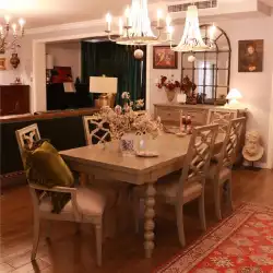 Beimuアメリカの無垢材の彫刻が施された長方形のストレッチダイニングテーブルMeikeアート家具森の印象Meijiaダイニングテーブルと椅子