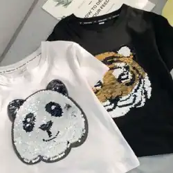 男の子の半袖Tシャツ白い2022年夏新しいパンダを虎の子供たちの半袖スパンコール可変パターントップに