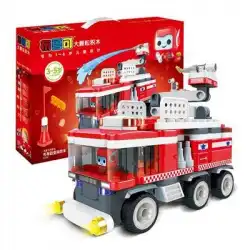 男の子、女の子、子供のための大きな粒子のビルディングブロックで組み立てられたバラエティブルーコ消防車。