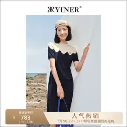 YINERYinerカウンター婦人服2022年夏新コントラストカラーステッチ半袖薄手コミューターニットワンピース
