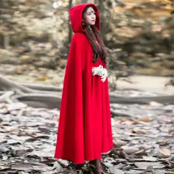 同じ大きな赤いマントウールのコートを着たWuxinMageYueQiluoレディースコートレトロな赤ずきんのマント秋と冬