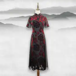 つまり、Jiao Shi LanAoDaiは改良されたチャイナドレスドレス長くエレガントなレトロな魅力バージョンの夏の半袖チャイナドレスドレス