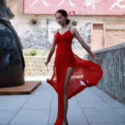 ベリーダンスの練習着2022年夏の新しいオリエンタルダンスサスペンダーロングスカート赤い伸縮性のある衣装ダンス服