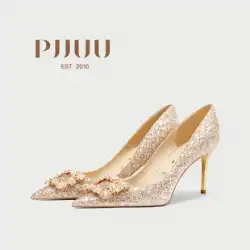 pjjuu クリスタルシューズ花嫁メインウェディングドレスシューズ女性 2022 新しい結婚式ハイヒールゴールデン Xiuhe 結婚式の靴
