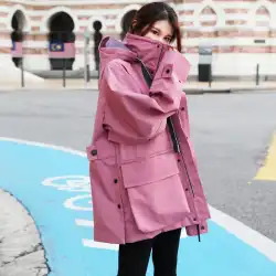 2022 春と秋のピンクのジャケットオーバーサイズルーズフード付きミッドレングスツーリングウインドブレーカープラス綿の厚いコートの女性