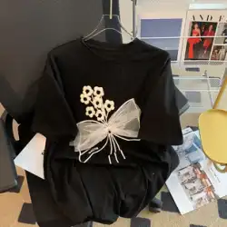 2022 夏の新しいハイエンドの女性のファッションデザイン立体花黒半袖 Tシャツトップトレンド