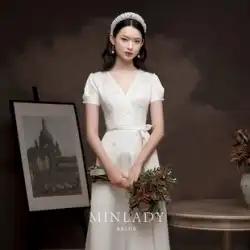 Ming Lan | Shiyue トーストドレス 花嫁 2022年 新しい フレンチレトロ サテンライト ウェディングドレス ホワイト 婚約ドレス