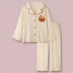 「リトルミルクベア×クッキー」和菓子綿ガーゼパジャマ春秋女性は長袖のホームウェアを着ることができます