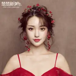 赤いブライダルトーストドレス帽子 2021 新しい結婚式の中国のウェディングドレスの頭の花のイヤリングのヘアアクセサリースーパー妖精