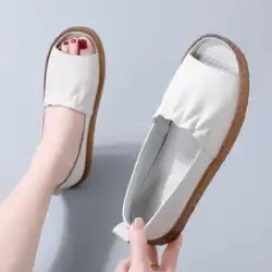 革のサンダルの女性のフラットボトム 2022 新しい夏のノンスリップソフトボトム妊娠中の女性 Baotou 小さな白い靴中空魚の口の単一の靴