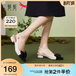 赤とんぼ 2022 夏新女性の包頭サンダルポインテッドトゥ太いヒールサンダルレザーミドルヒール Xiaoxiangfeng バック空の靴