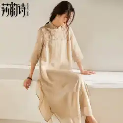 沙雲石夏の新しいレトロな中国風のチャイナ ドレス エスニック スタイル ティー ドレス女性刺繍リネン ロング スカート