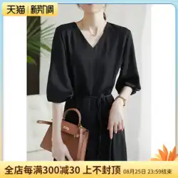 の Xiao Han Ge ブラック 高級アセテート スカート Vネック スリム ドレス 小さい ブラック ドレス サマードレス QZR482253MG