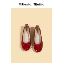 ORTR 弓レトロ赤靴ローヒールソフトソールバレエシューズパテントレザーライト口赤フラットシューズ女性