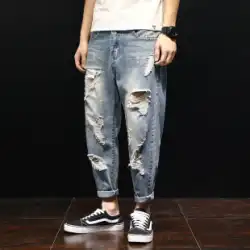 夏の物乞いの破れたジーンズの男性のルーズな大きいサイズのファット ナイン ポイント パンツ韓国語バージョンのトレンディなファッション ブランドの薄いハーレム パンツ