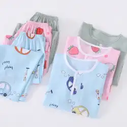 夏の子供の綿シルクのパジャマの男の子と女の子の赤ちゃんの綿の絹の長袖の夏用の薄い空調服の家庭用衣類セット