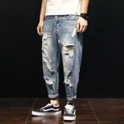 夏乞食破れジーンズ メンズ ゆったり 大きいサイズ デブ男 九点パンツ 韓国風 トレンド ブランド 薄手 ハーレムパンツ