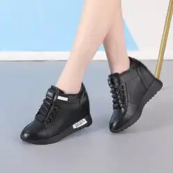 秋 2022 女性の革インナー高め靴ショー足小さな 8 センチメートルプラスベルベットの冬の綿の靴ウェッジスポーツシューズ